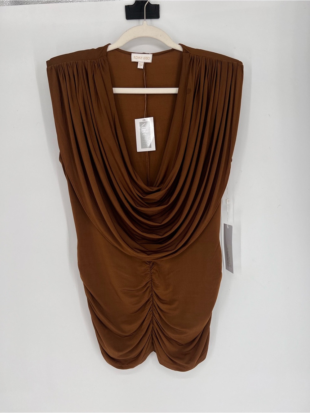 Ronny Kobo Juliette Jersey Brown Draped Cowl Ruched Designer Tunic Top L NWT